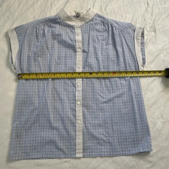 Vintage C&A Blue Checkered Blouse Mandarin Collar Short Sleeve ButtonDown Top 14 - Picture 8 of 9